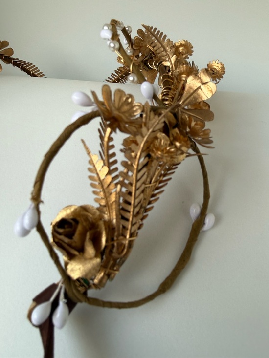 Gold Floral Bridal Crown Boho Goddess Headpiece w/ Crystal + Ribbon Tie